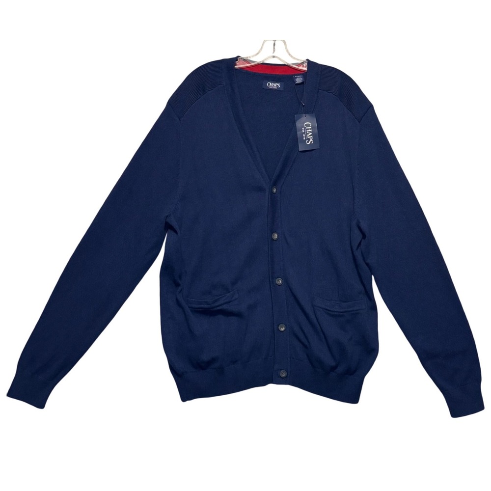 Chaps Mens Navy V-Neck Front Button Cardigan Sweater XLarge Elbow Patches